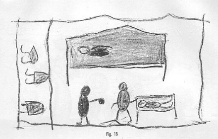 Dessin d'enfant, "pièce avec rabattement du sol et des lits".