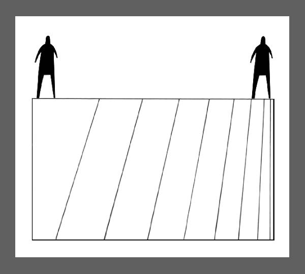 Deux bonhommes situés au-dessus de gradients composé de lignes fuyantes, 1.