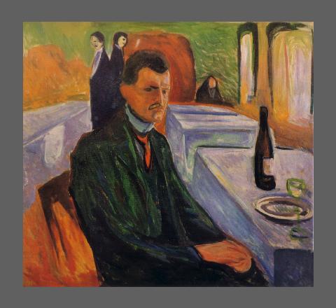 MUNCH Edvard, "Autoportrait à la bouteille de vin", huile sur toile, 1906.