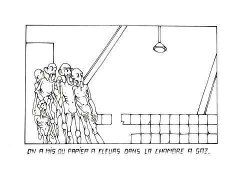 "Papier à fleurs, chambre à gaz", dessin d'horreur, feutre